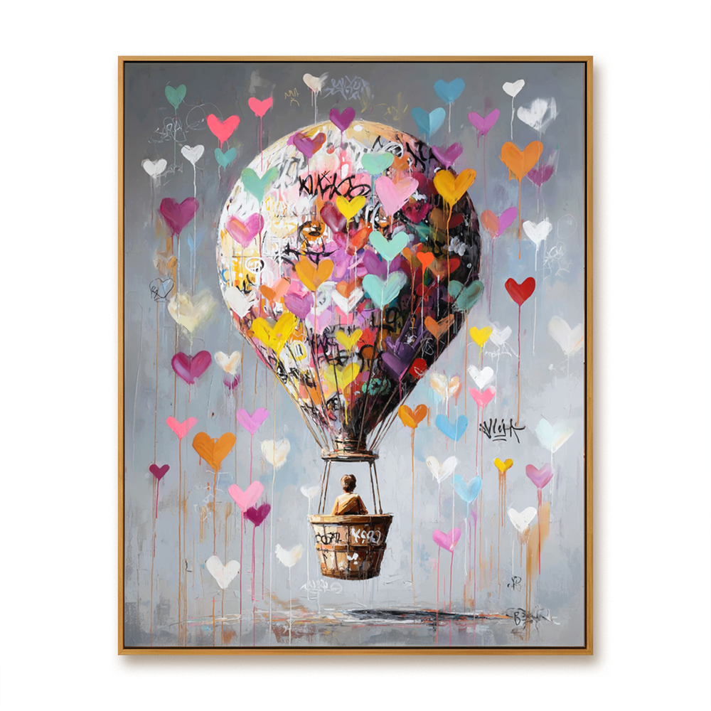 Hearts in the Sky – A Dreamy Hot Air Balloon Painting hand-painted wall art