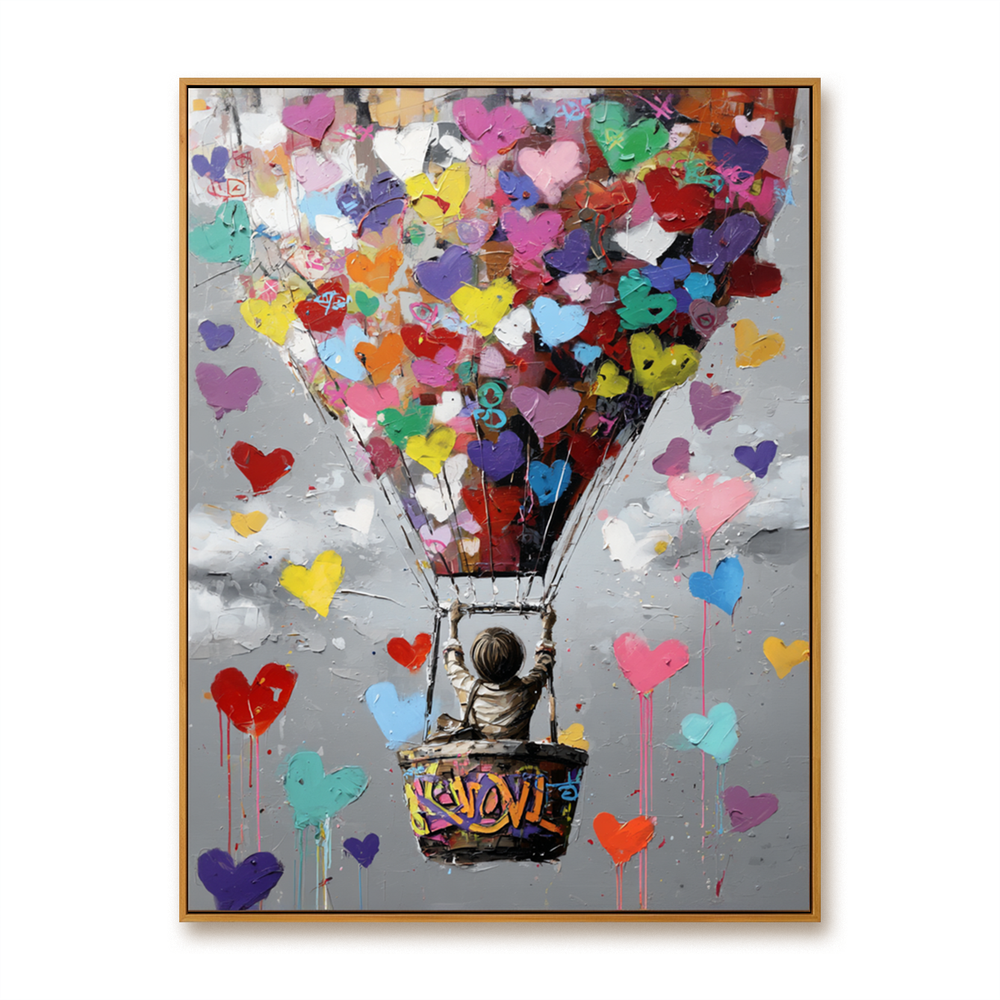 Rising Hearts – Colorful Hot Air Balloon Art Full of Hope hand-painted wall art