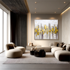 Abstract Gold Leaf Cityscape Oil Painting – Modern Textured Wall Art