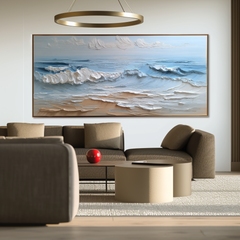 Azure Tides-Calm Waves Seascape Painting – Modern Coastal Ocean Art, 3D Textured