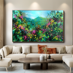 Blooming Vistas – Abstract Floral Landscape Painting, Colorful Textured Wall Art