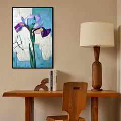 Breathe in Blue – Purple Iris on Abstract Background Textured Minimalist Floral Painting