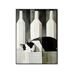 Camoufeline – Minimalist Sleeping Cat Between Bottles Abstract Geometric Animal Art
