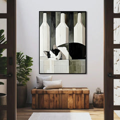 Camoufeline – Minimalist Sleeping Cat Between Bottles Abstract Geometric Animal Art