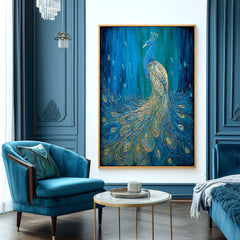 Celestial Grace – Textured Blue and Gold Peacock Oil Painting