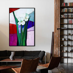 Colorfield Bloom – White Flowers on Geometric Background – Modern Minimalist Floral Wall Art