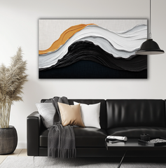 Echoes of Stillness- Black White Gold Abstract Wave – Textured Seascape Wall Art