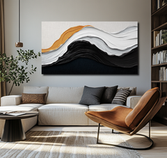 Echoes of Stillness- Black White Gold Abstract Wave – Textured Seascape Wall Art