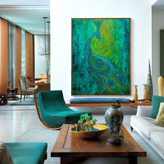 Emerald Muse – Textured Blue and Green Peacock Oil Painting
