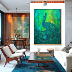 Emerald Poise – Textured Green and Blue Peacock Oil Painting