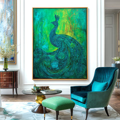 Emerald Poise – Textured Green and Blue Peacock Oil Painting