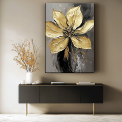 Eternal Bloom-Textured Golden Floral Oil Painting, Abstract Luxury Flower Wall Art