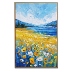 Fields of Light – Yellow Wildflower Landscape Painting Blue Lake & Mountain Wall Art