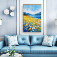 Fields of Light – Yellow Wildflower Landscape Painting Blue Lake & Mountain Wall Art