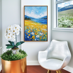 Fields of Light – Yellow Wildflower Landscape Painting Blue Lake & Mountain Wall Art