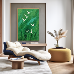 Flight Over Meadow – Large Abstract Green Wall Art with Flying Birds Modern Decor