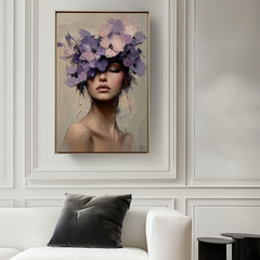 Floral Veil-Textured Oil Painting of Woman with Purple Floral Headpiece