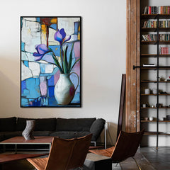 Framed Stillness – Purple Floral in White Jug – Modern Abstract Still Life Wall Art