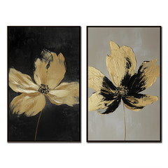Gilded Petals-Set of 2 Gold Flower Paintings – Luxury Abstract Wall Art