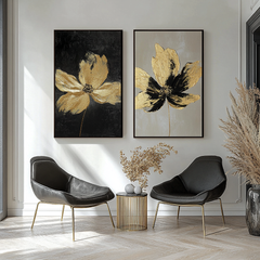 Gilded Petals-Set of 2 Gold Flower Paintings – Luxury Abstract Wall Art