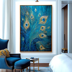 Gilded Whisper – Textured Blue and Gold Feather Oil Painting