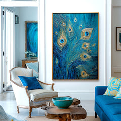 Gilded Whisper – Textured Blue and Gold Feather Oil Painting