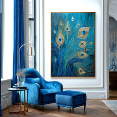 Gilded Whisper – Textured Blue and Gold Feather Oil Painting