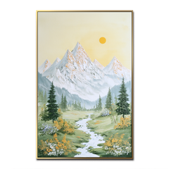 Golden Dawn Valley – Mountain Landscape Canvas with Stream and Sun – Serene Nature Wall Art