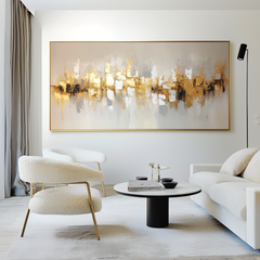 Golden Echo-Golden Abstract Cityscape Oil Painting, Textured Modern Wall Art