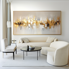 Golden Echo-Golden Abstract Cityscape Oil Painting, Textured Modern Wall Art