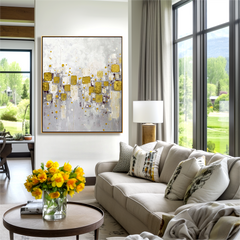 Golden Mosaic – Abstract Gold Leaf Oil Painting, Modern Textured Wall Art