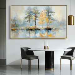 Golden Reflection-Impasto Tree Reflection Oil Painting, Horizontal – Textured Landscape Wall Art