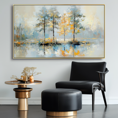 Golden Reflection-Impasto Tree Reflection Oil Painting, Horizontal – Textured Landscape Wall Art