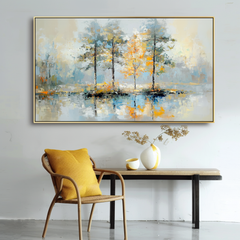 Golden Reflection-Impasto Tree Reflection Oil Painting, Horizontal – Textured Landscape Wall Art