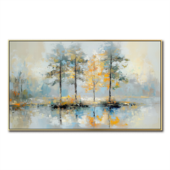 Golden Reflection-Impasto Tree Reflection Oil Painting, Horizontal – Textured Landscape Wall Art