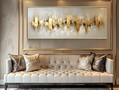 Golden Reverberation: Gold Textured Abstract Cityscape Oil Painting – Textured Cityscape Wall Art
