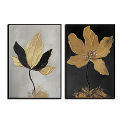 Golden Whispers-Set of 2 Gold Flower Paintings – Luxury Gold and Black Abstract Wall Art