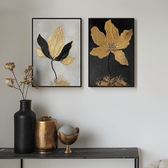 Golden Whispers-Set of 2 Gold Flower Paintings – Luxury Gold and Black Abstract Wall Art