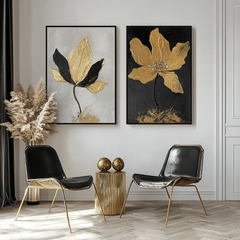 Golden Whispers-Set of 2 Gold Flower Paintings – Luxury Gold and Black Abstract Wall Art