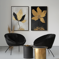 Golden Whispers-Set of 2 Gold Flower Paintings – Luxury Gold and Black Abstract Wall Art