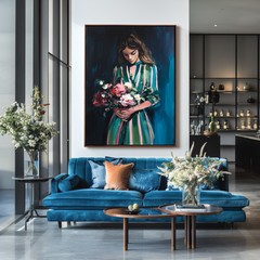Grace in Bloom – Figurative Oil Painting of Woman Holding Flowers