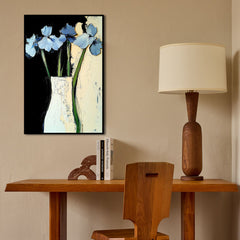Midnight Petals – Blue Floral Oil Painting Modern Abstract Vase Wall Art