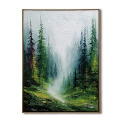 Misty Forest Landscape Oil Painting – Large Nature Wall Art