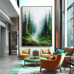 Misty Forest Landscape Oil Painting – Large Nature Wall Art