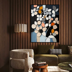 Mosaic Bloom – Textured Floral Abstract Art Beige and Orange Blossoms on Black Canvas