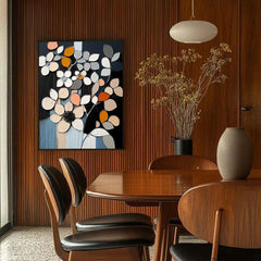 Mosaic Bloom – Textured Floral Abstract Art Beige and Orange Blossoms on Black Canvas