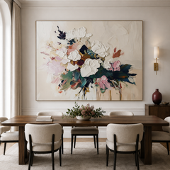 Petals in Motion-Textured Floral Oil Painting , Abstract White & Pink Flower Artwork