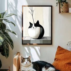 Purrcelain – Minimalist Cat Vase Painting Round Abstract Cat with Dried Flower Decor