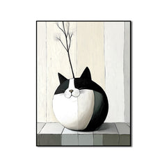 Purrcelain – Minimalist Cat Vase Painting Round Abstract Cat with Dried Flower Decor