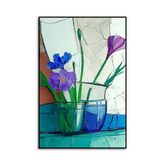 Quiet Arrangement – Blue and Purple Floral Still Life Minimalist Glass Vase Oil Painting